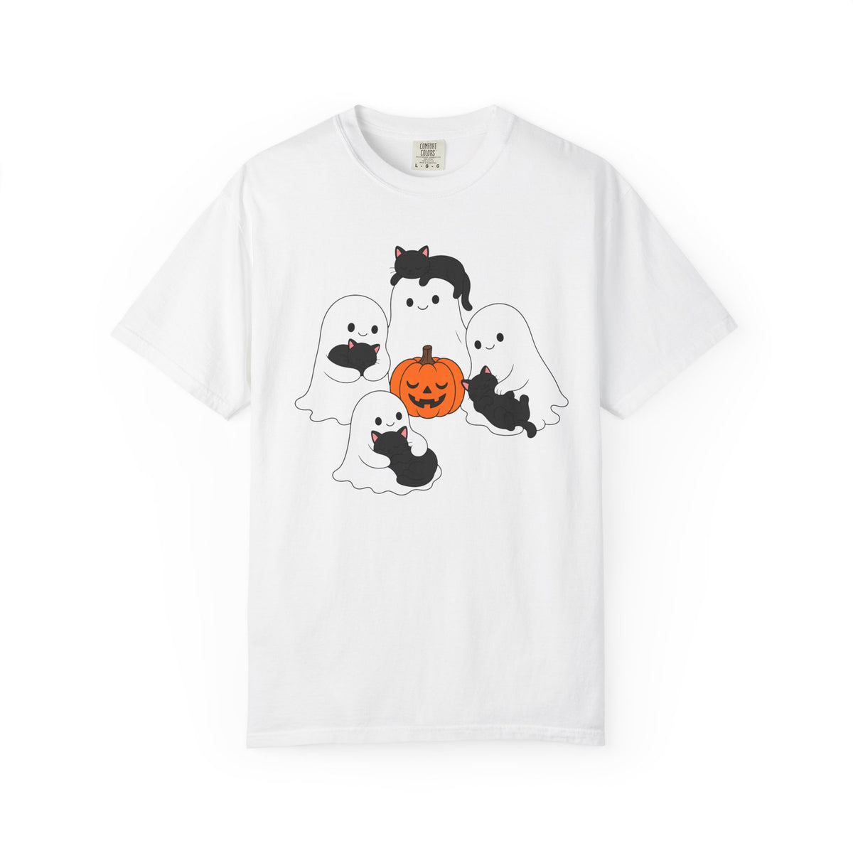 Kawaii Ghosts Sleepy Kittens Shirt Cozy Halloween Pumpkin Tee Oversized Cotton Cat Top