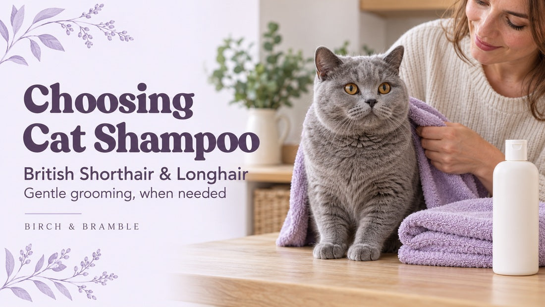 Choosing Cat Shampoo: British Shorthair and Longhair grooming, with a grey cat and lavender towel.