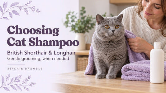 Choosing Cat Shampoo: British Shorthair and Longhair grooming, with a grey cat and lavender towel.