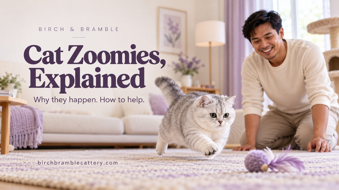 A silver British Shorthair runs toward a toy while a man supervises play, with a deep plum headline reading Cat Zoomies, Explained.