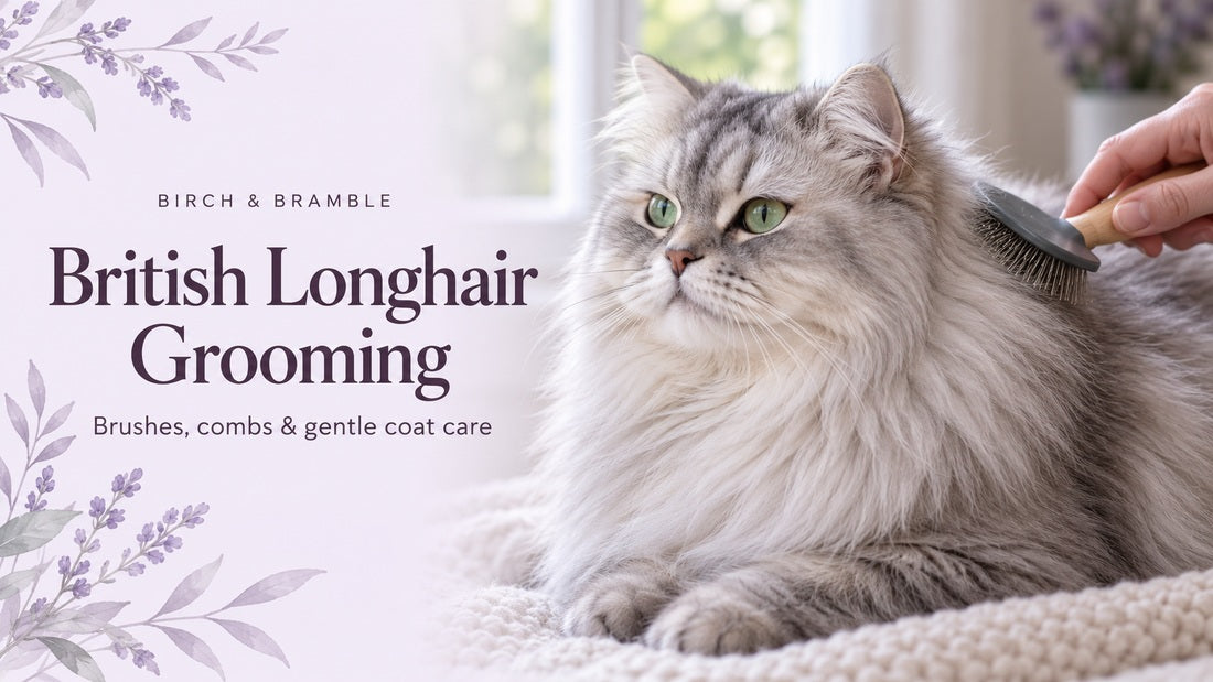 British Longhair Grooming: realistic silver long-haired cat being gently brushed along the back