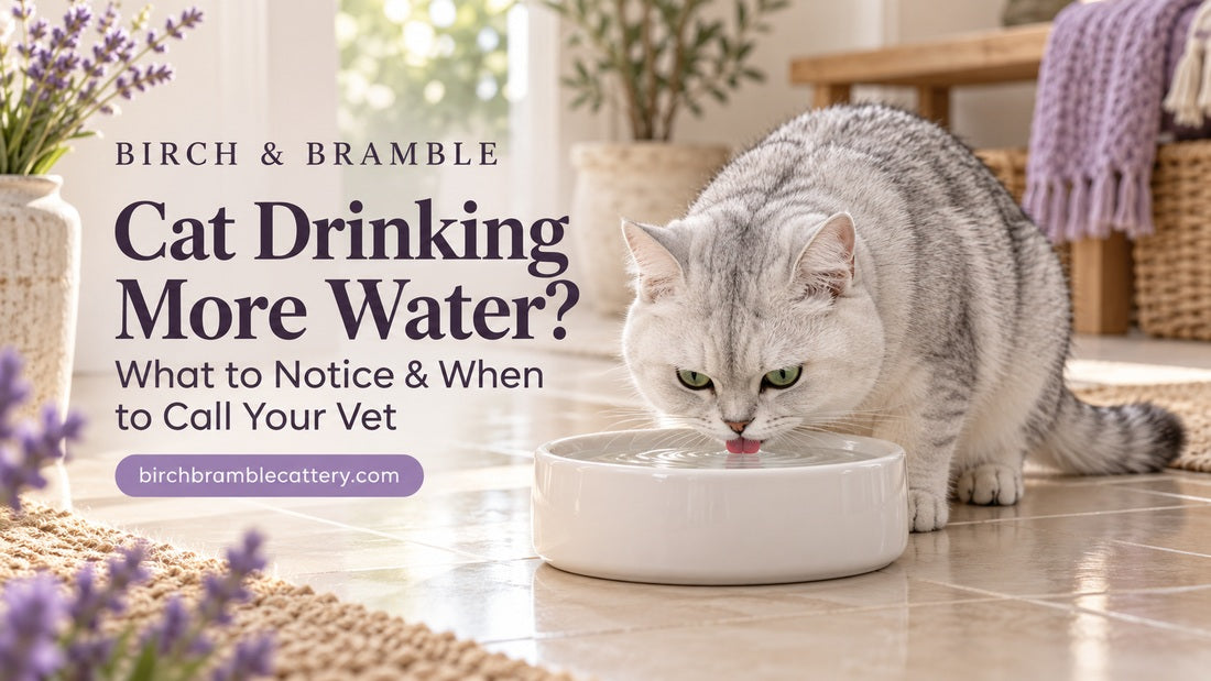 Cat Drinking More Water? What to Notice & When to Call Your Vet, with a silver British Shorthair drinking from a white bowl.