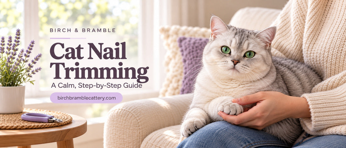Cat Nail Trimming: A Calm, Step-by-Step Guide by Birch & Bramble, with a relaxed silver British Shorthair and gently supported front paw.