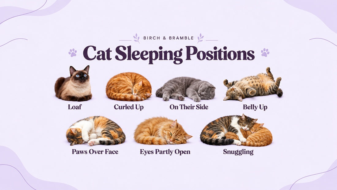 Seven cat resting positions: loaf, curled up, side sleeping, belly up, paws over face, eyes partly open and snuggling