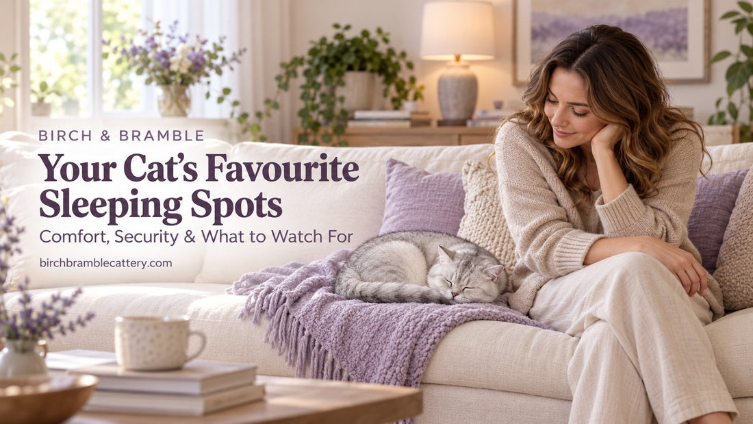 Your Cat’s Favourite Sleeping Spots, with a woman quietly watching a silver British Shorthair sleep on a lavender blanket.