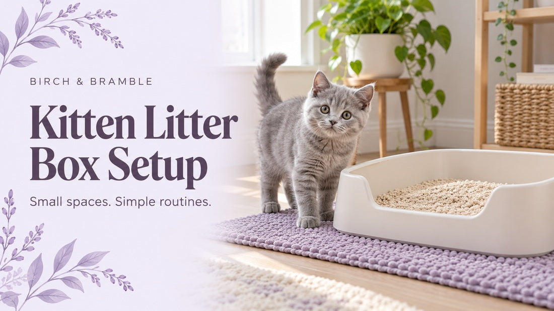 Kitten Litter Box Setup: silver kitten beside a low-entry open tray with plum and lavender branding