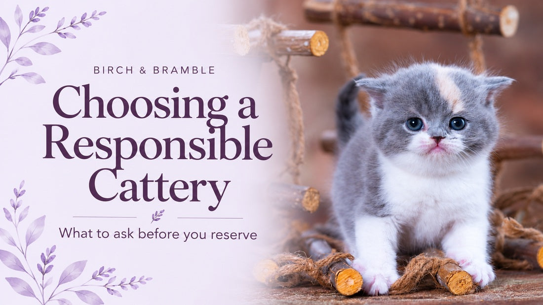 Choosing a Responsible Cattery: kitten portrait with plum and lavender Birch & Bramble branding