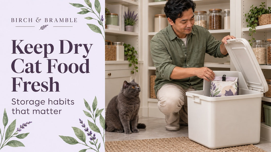 Cat parent placing a folded original cat-food bag inside a storage bin beside a British Shorthair and the Birch & Bramble title.