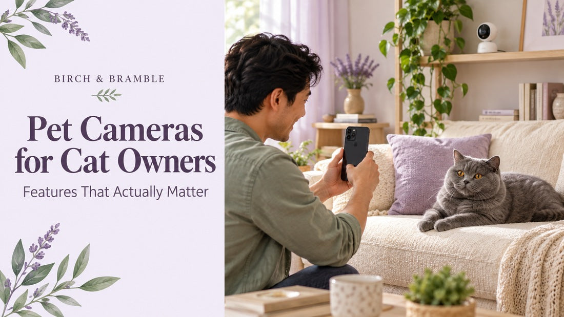 Male fur parent photographing a blue British Shorthair on a cream sofa, with a pet camera nearby and the Birch & Bramble guide title.
