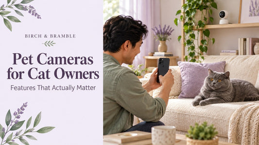 Male fur parent photographing a blue British Shorthair on a cream sofa, with a pet camera nearby and the Birch & Bramble guide title.