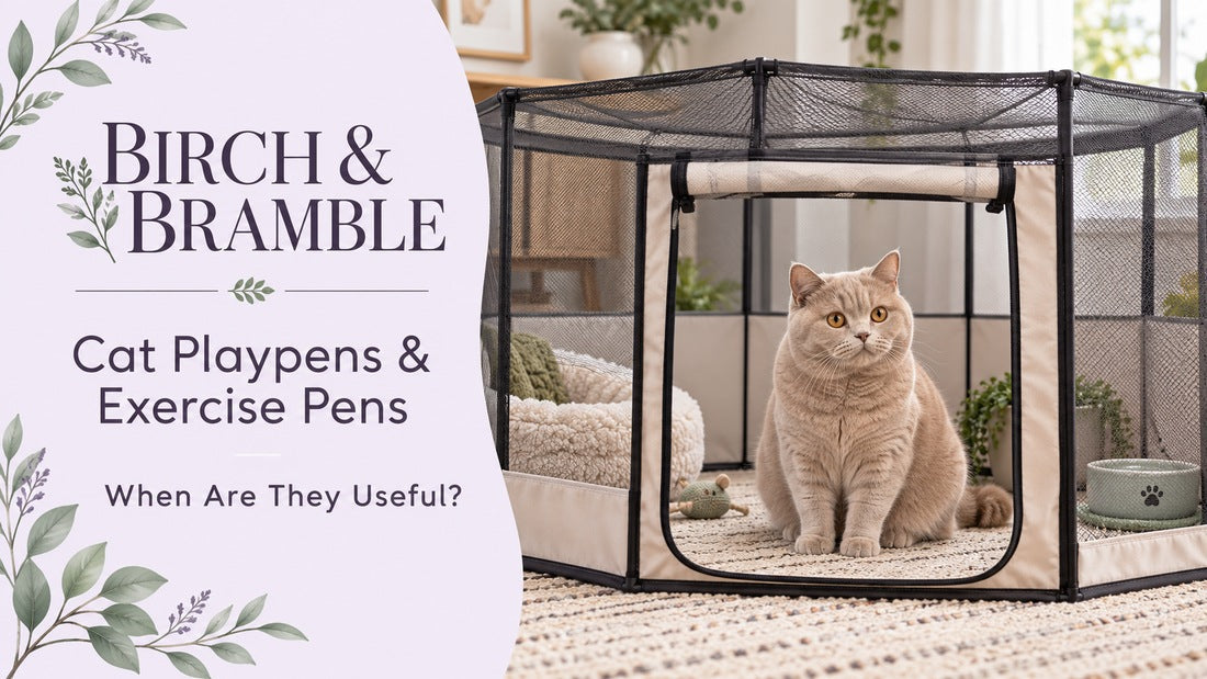 Fawn British Shorthair seated in a roomy roofed mesh playpen beside the Birch & Bramble guide title.
