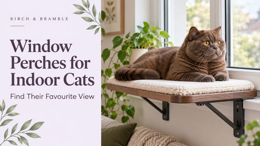 Chocolate British Shorthair resting on a supported window perch beside the Birch & Bramble guide title.
