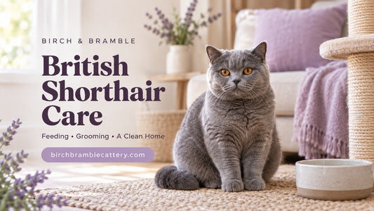 Blue British Shorthair with copper eyes sitting beside a water bowl and scratcher. Lavender and plum Birch & Bramble cover reads “British Shorthair Care” and “Feeding • Grooming • A Clean Home.”