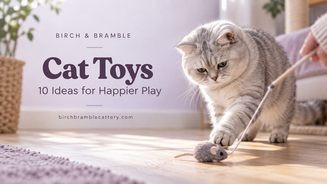 Silver British Shorthair batting a plush mouse on a wand beside lavender text reading Cat Toys: 10 Ideas for Happier Play.