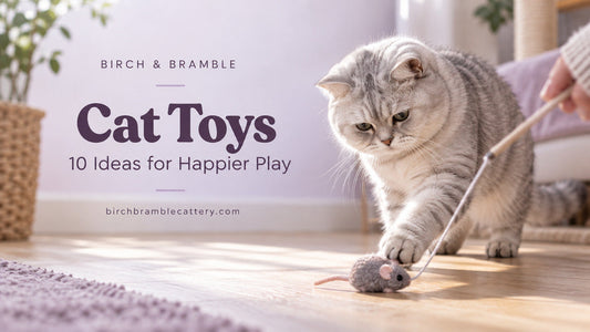 Silver British Shorthair batting a plush mouse on a wand beside lavender text reading Cat Toys: 10 Ideas for Happier Play.