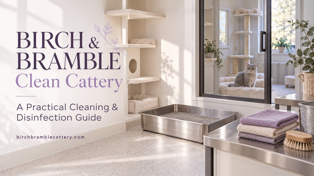 Lavender and plum Birch & Bramble cover reading “Clean Cattery: A Practical Cleaning & Disinfection Guide,” beside a stainless litter tray, folded cloths and brush, with a silver cat behind a glass divider.