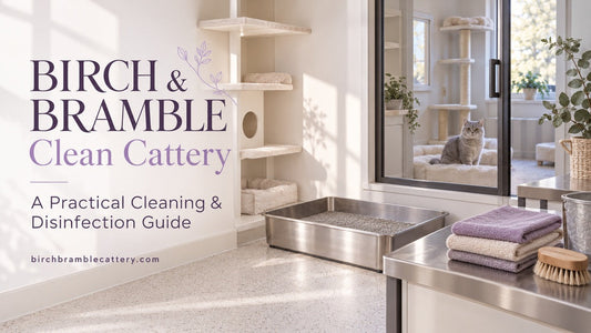 Lavender and plum Birch & Bramble cover reading “Clean Cattery: A Practical Cleaning & Disinfection Guide,” beside a stainless litter tray, folded cloths and brush, with a silver cat behind a glass divider.
