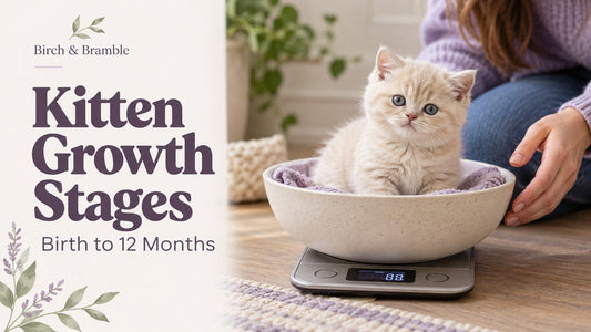 Cream British Shorthair kitten sitting in a towel-lined bowl on a digital scale, with the title Kitten Growth Stages Birth to 12 Months