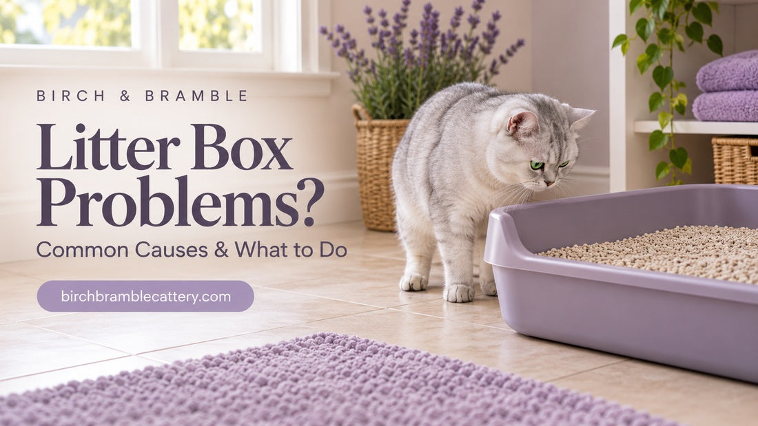 Silver British Shorthair inspecting a large open lavender litter tray. Birch & Bramble cover reads “Litter Box Problems?” and “Common Causes & What to Do,” with the website below.