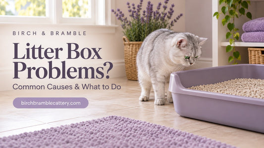 Silver British Shorthair inspecting a large open lavender litter tray. Birch & Bramble cover reads “Litter Box Problems?” and “Common Causes & What to Do,” with the website below.
