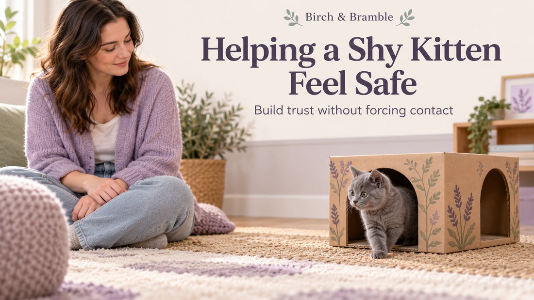 Blue British Shorthair kitten emerging from a cardboard hide while a woman sits quietly nearby, with a shy-kitten trust guide title