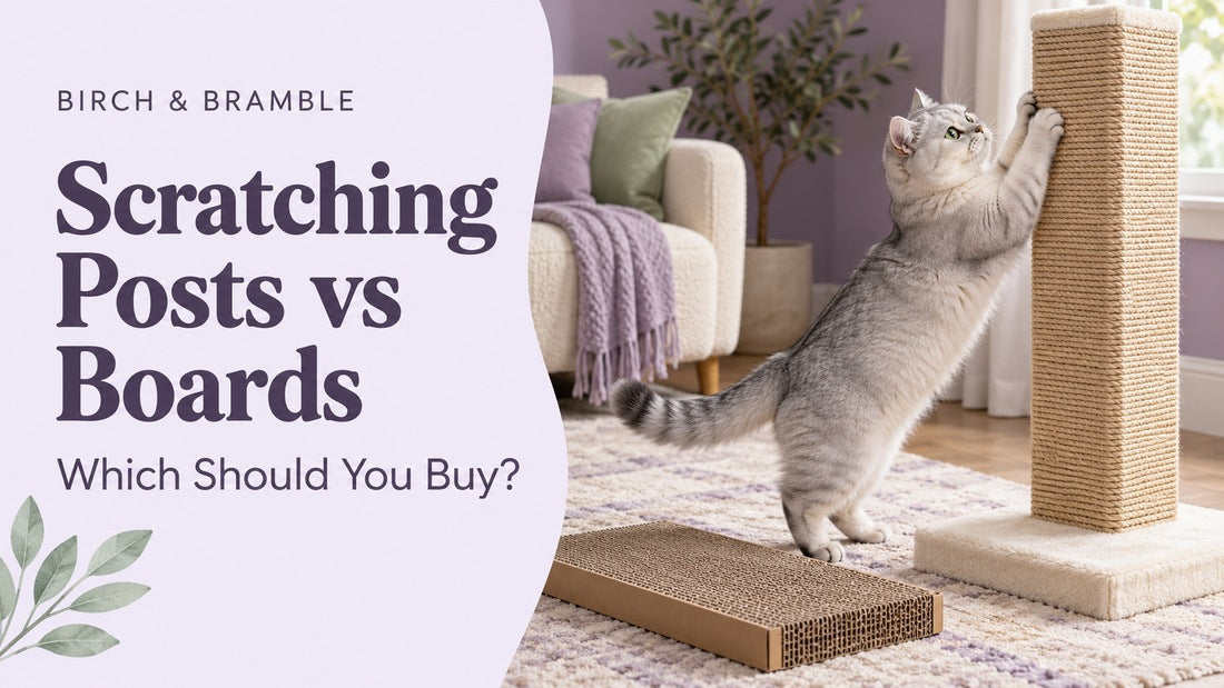 British Shorthair scratching a tall sisal post beside a flat cardboard board