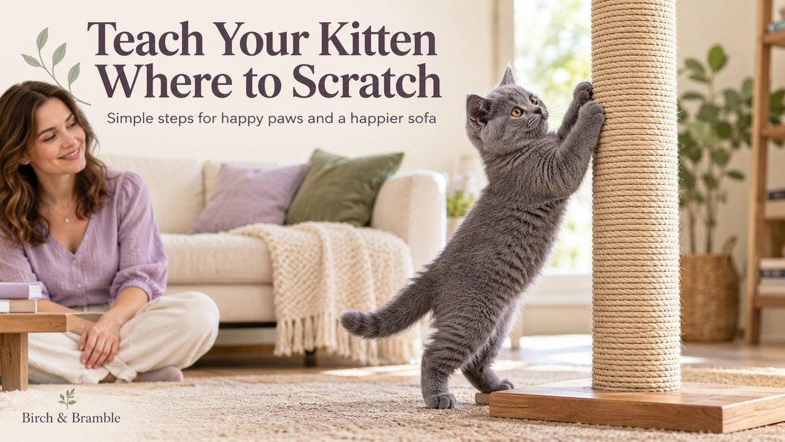 Blue British Shorthair kitten using a sisal scratching post; Teach Your Kitten Where to Scratch