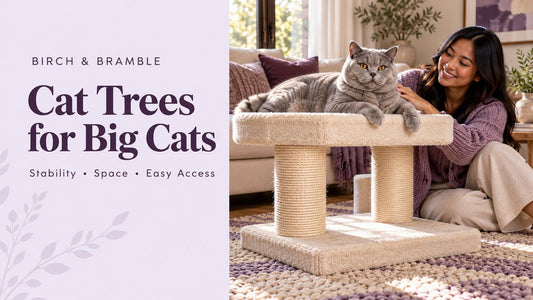 Large British Shorthair resting on a broad cat-tree perch beside a female owner