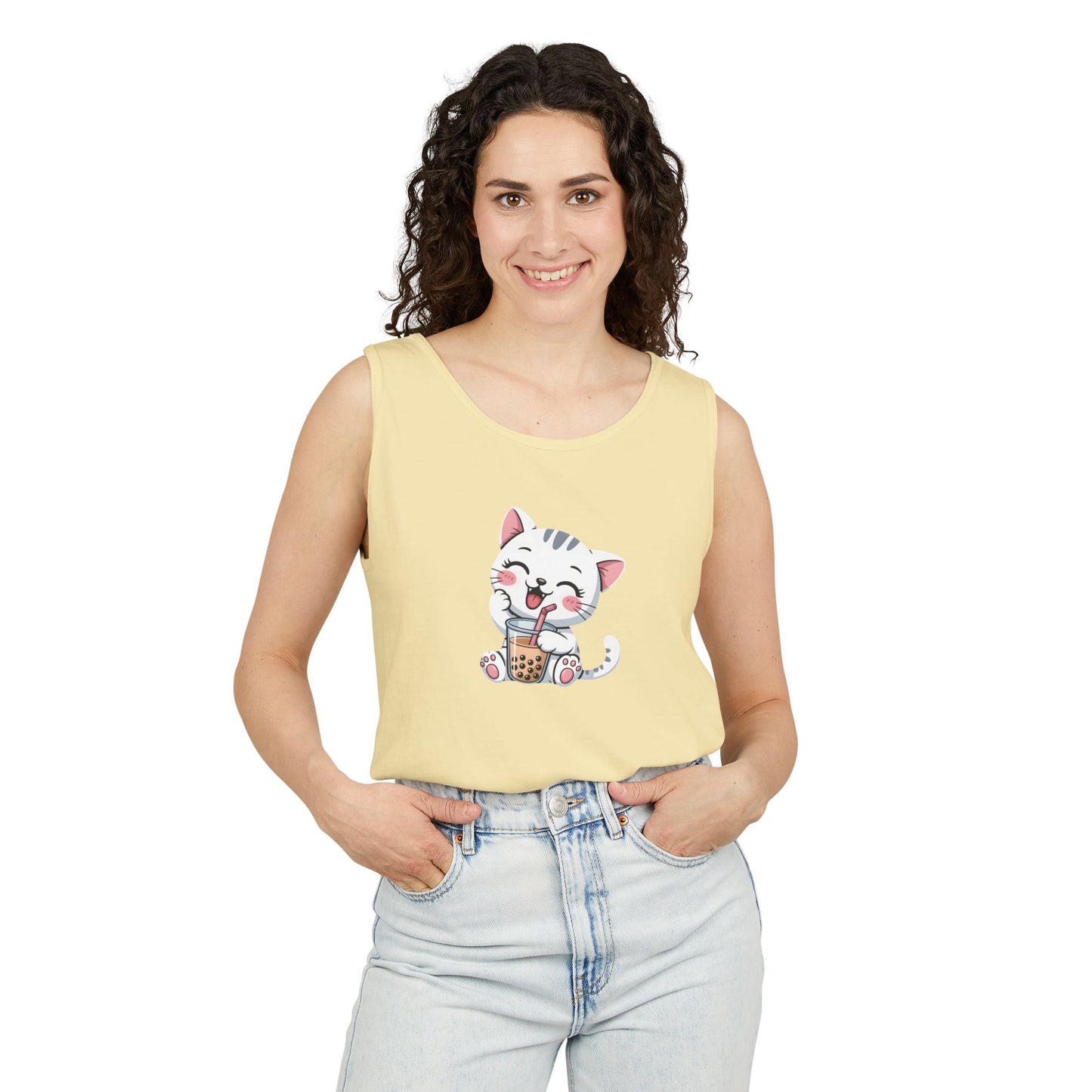 Cute Boba Cat Tank Top | Kawaii Bubble Tea Kitten Design