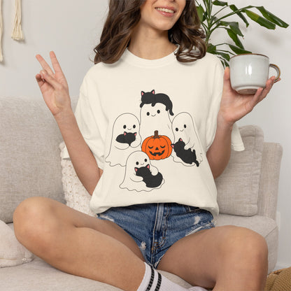 Kawaii Ghosts Sleepy Kittens Shirt Cozy Halloween Pumpkin Tee Oversized Cotton Cat Top