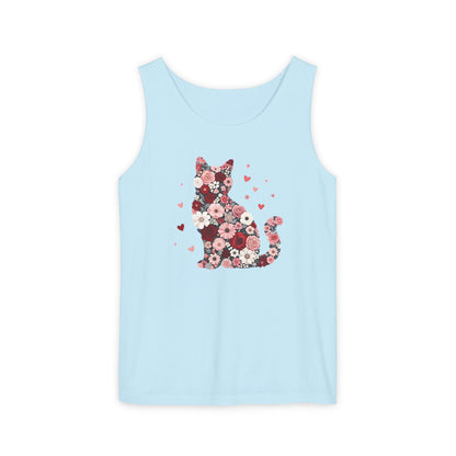 Meowentines Day Floral Cat Silhouette Valentine Tank Top | Pink Flower Kitty