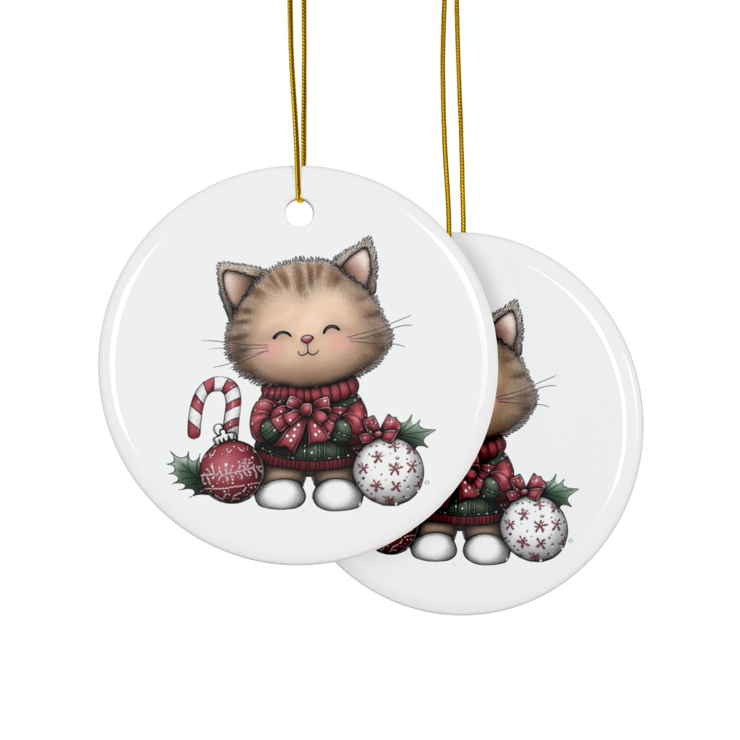 Whimsical Cat round minimalist Christmas ornament Ceramic Ornament