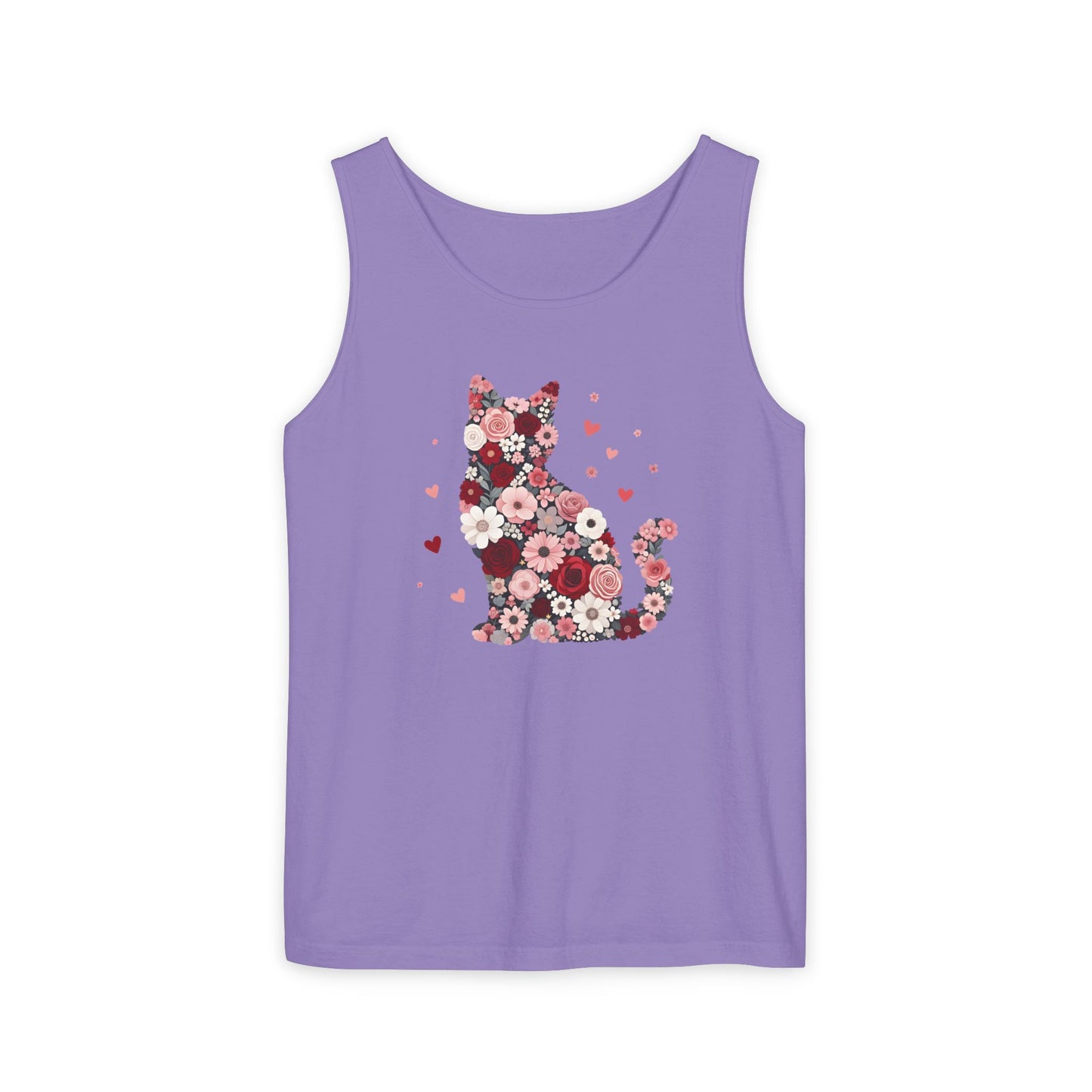 Meowentines Day Floral Cat Silhouette Valentine Tank Top | Pink Flower Kitty