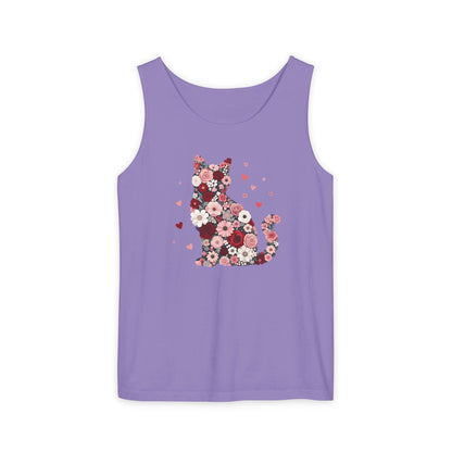 Meowentines Day Floral Cat Silhouette Valentine Tank Top | Pink Flower Kitty