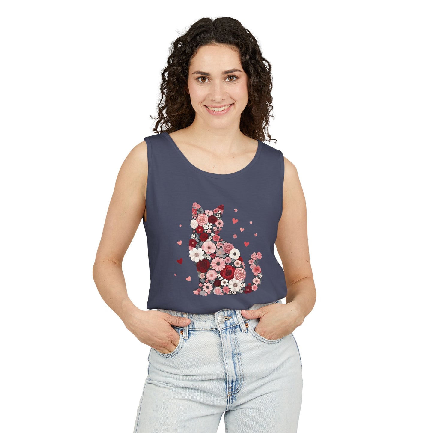 Meowentines Day Floral Cat Silhouette Valentine Tank Top | Pink Flower Kitty