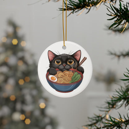 Heartwarming Black Cat Eating Ramen Ceramic Ornament | 2-Side Print