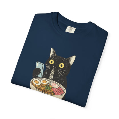 Kawaii Black Cat Slurping Ramen T-shirt | Neko Anime Bowl Design