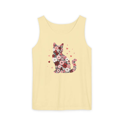 Meowentines Day Floral Cat Silhouette Valentine Tank Top | Pink Flower Kitty