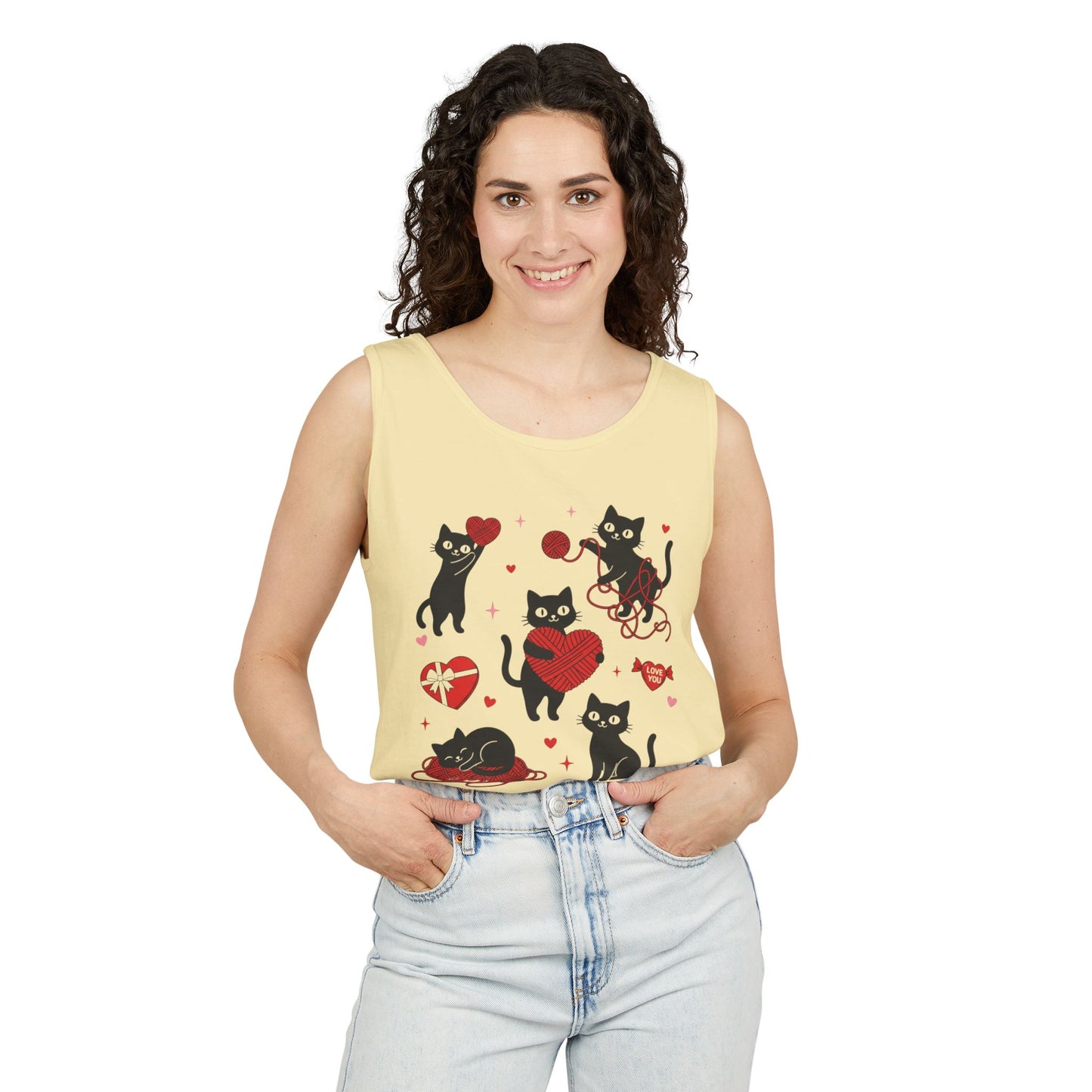 Cat Tangled In Love Tank Top | Valentine Cat Heart Design
