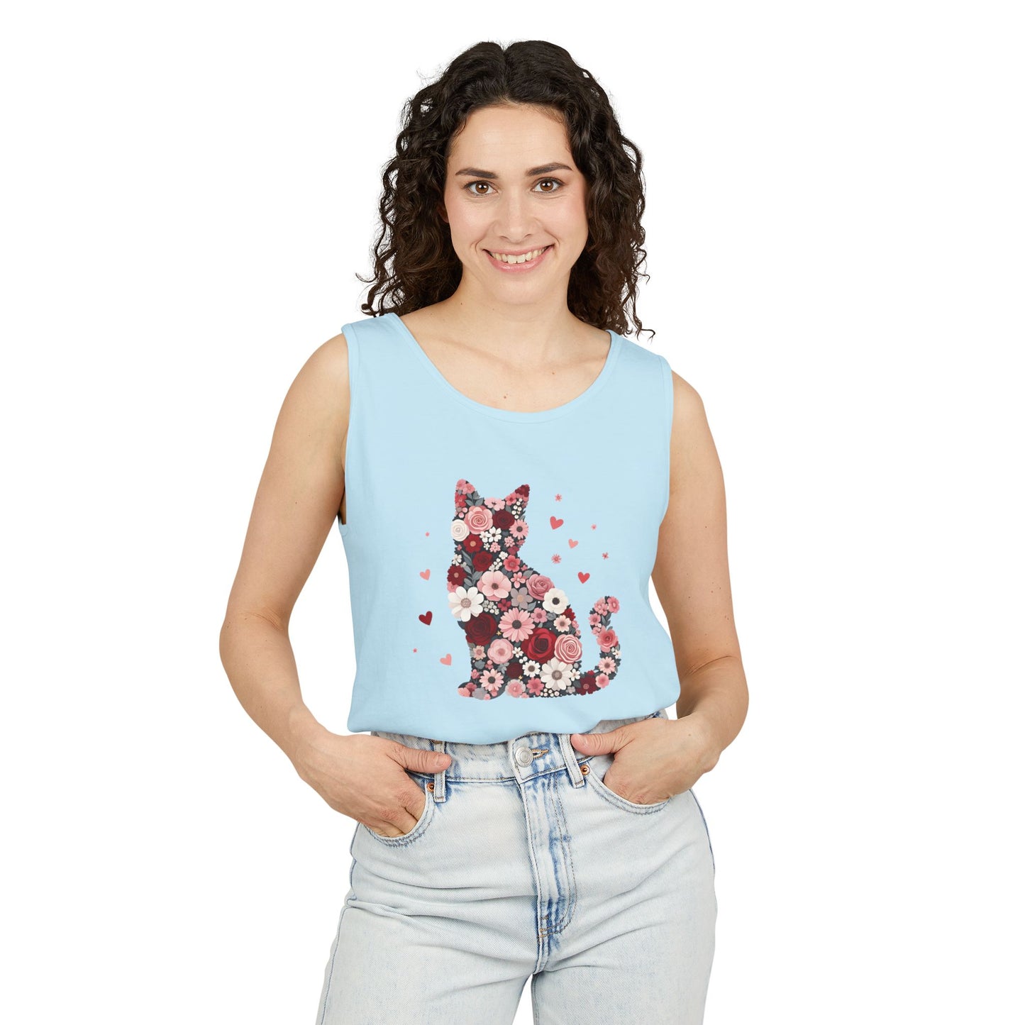 Meowentines Day Floral Cat Silhouette Valentine Tank Top | Pink Flower Kitty
