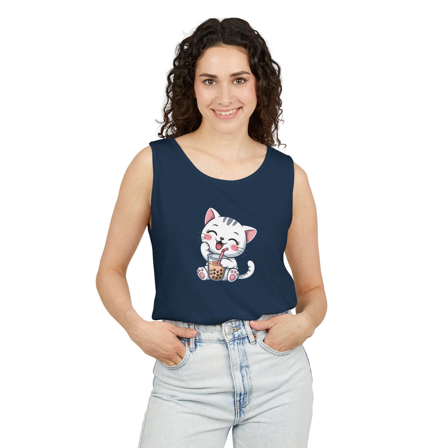 Cute Boba Cat Tank Top | Kawaii Bubble Tea Kitten Design