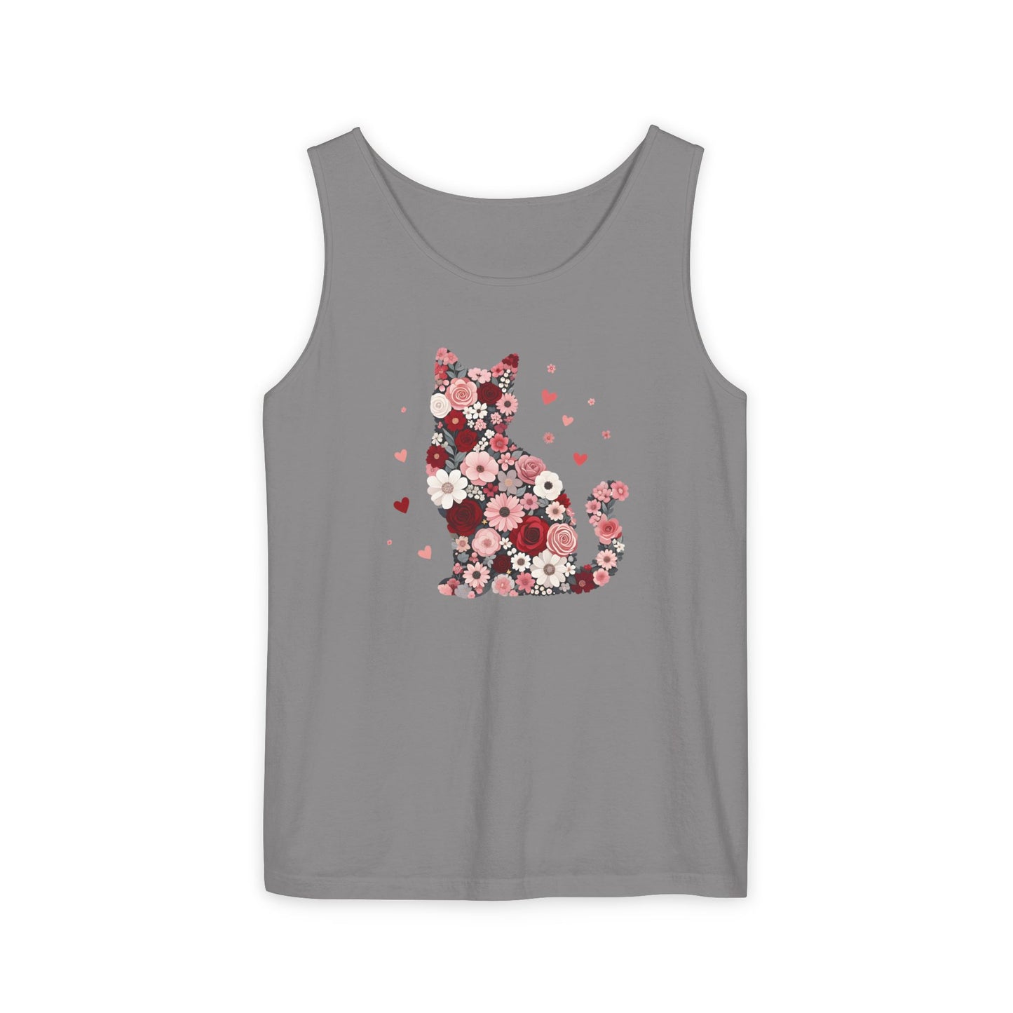 Meowentines Day Floral Cat Silhouette Valentine Tank Top | Pink Flower Kitty