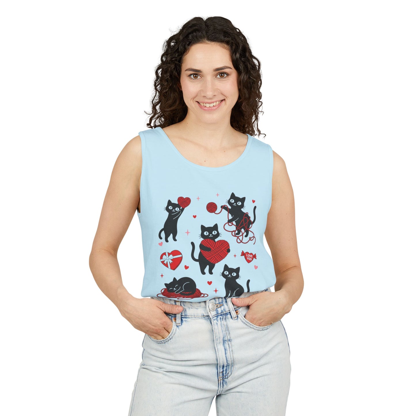 Cat Tangled In Love Tank Top | Valentine Cat Heart Design