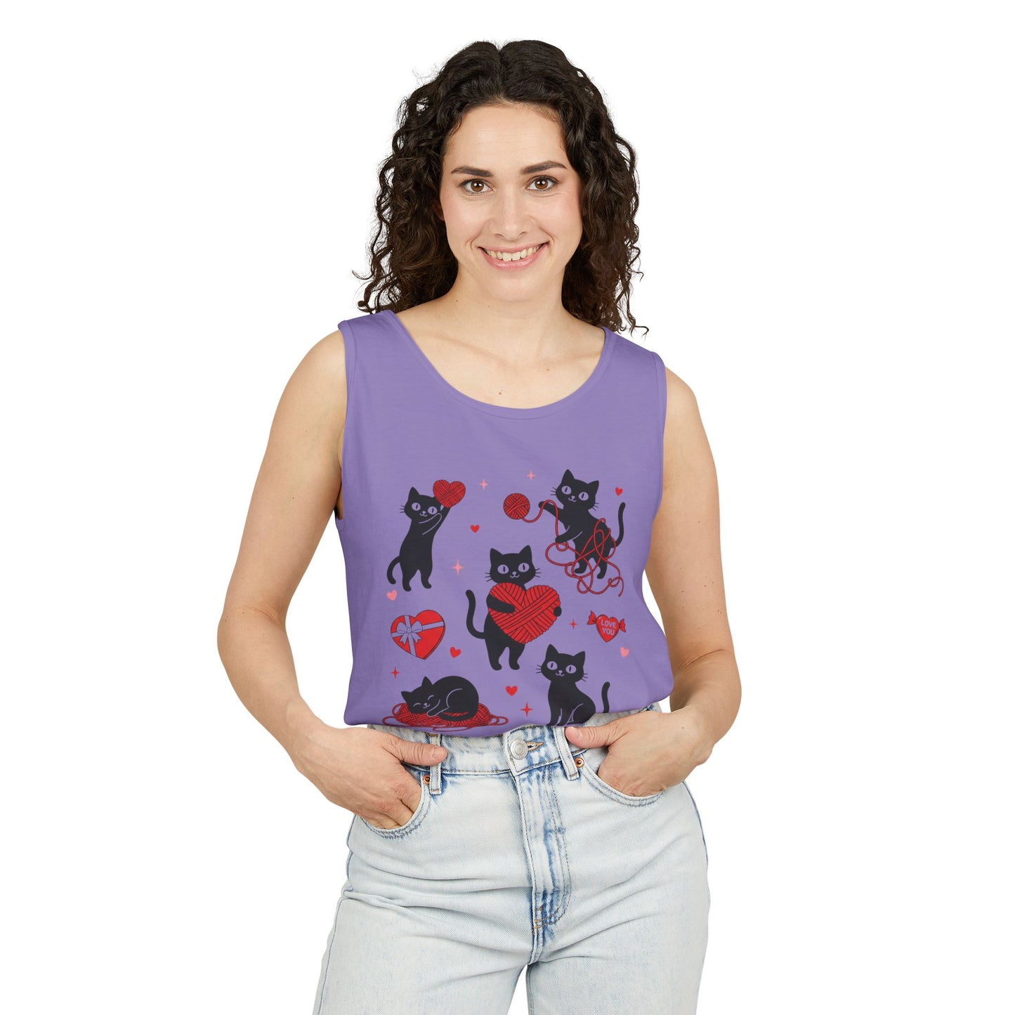 Cat Tangled In Love Tank Top | Valentine Cat Heart Design