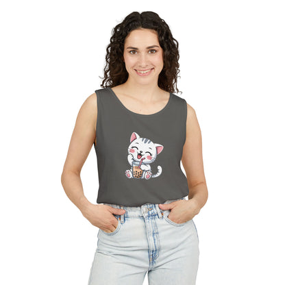 Cute Boba Cat Tank Top | Kawaii Bubble Tea Kitten Design