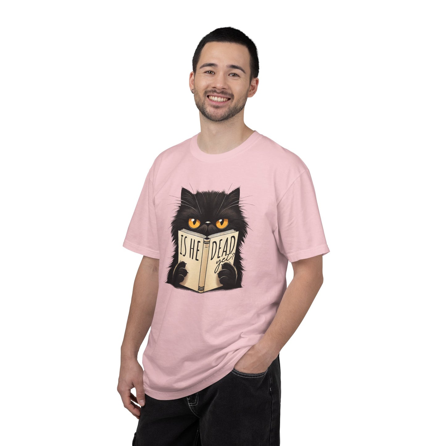 Sarcastic Cat Lover Unisex T-shirt, Is He Dead Yet, Funny Black Cat Graphic Tee, Animal Humor Gift For Cat Mom, Dad, Fur Parent Clothing,