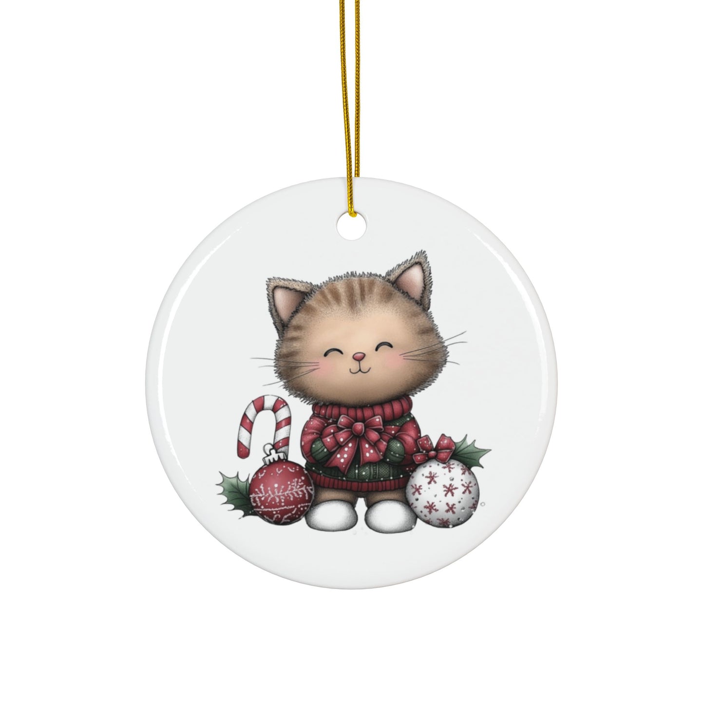 Whimsical Cat round minimalist Christmas ornament Ceramic Ornament