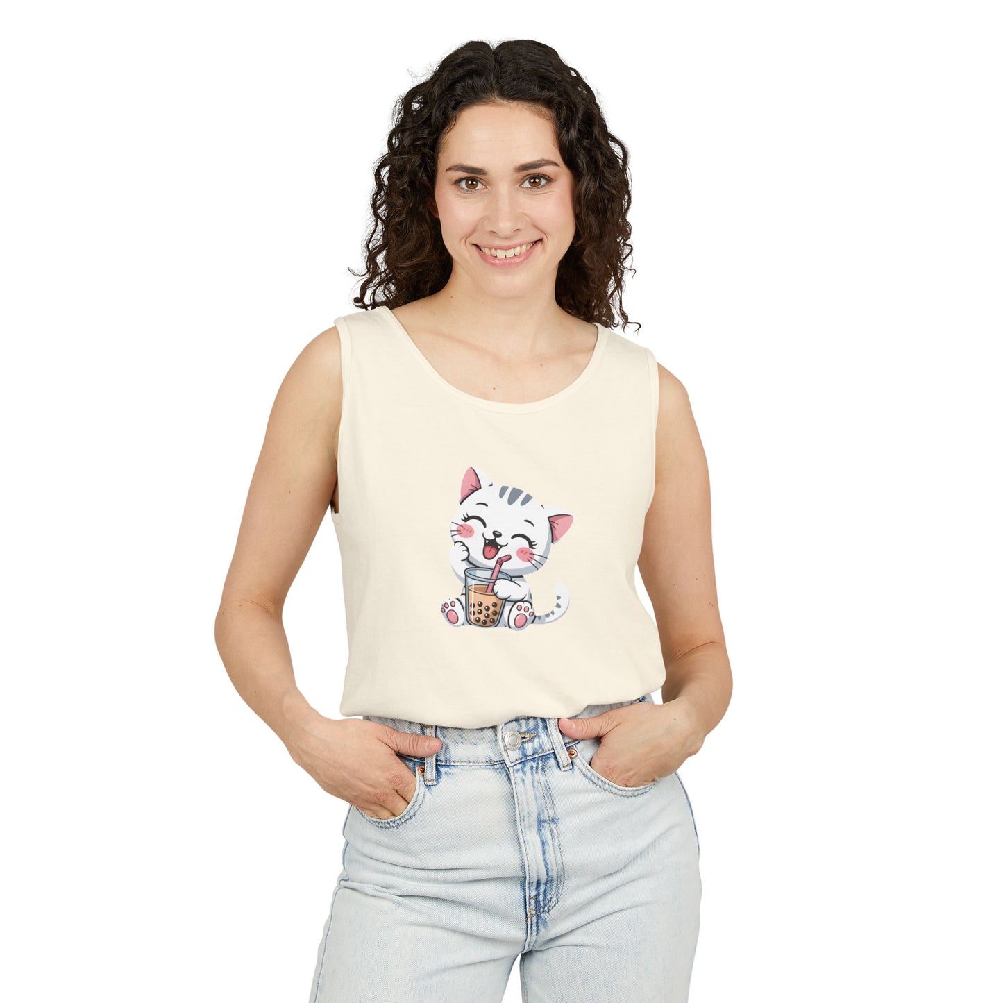 Cute Boba Cat Tank Top | Kawaii Bubble Tea Kitten Design