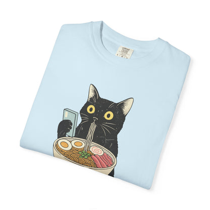 Kawaii Black Cat Slurping Ramen T-shirt | Neko Anime Bowl Design