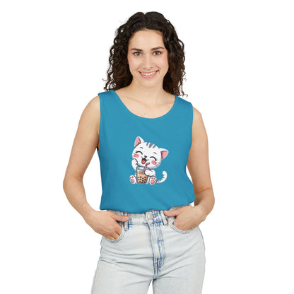 Cute Boba Cat Tank Top | Kawaii Bubble Tea Kitten Design